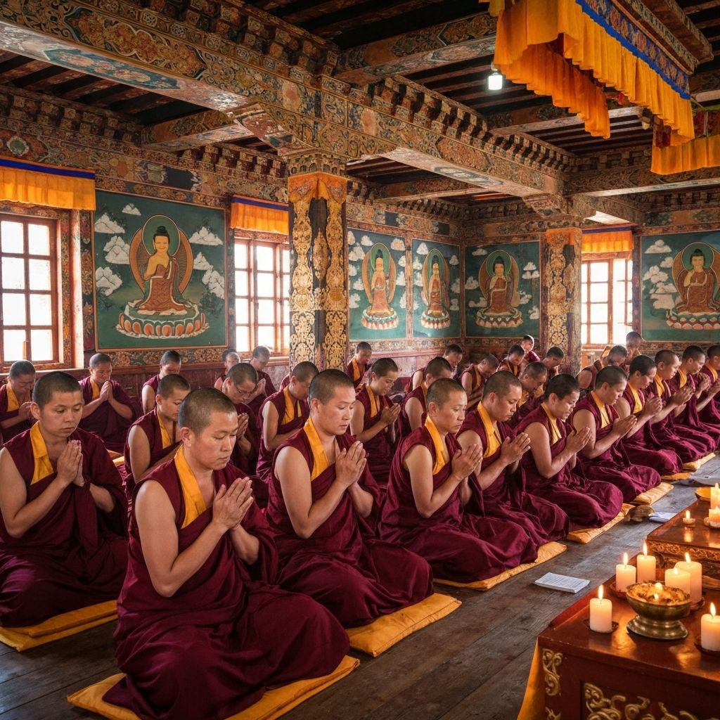 Buddhist nuns performing prayer ceremony at Sherab Chholing